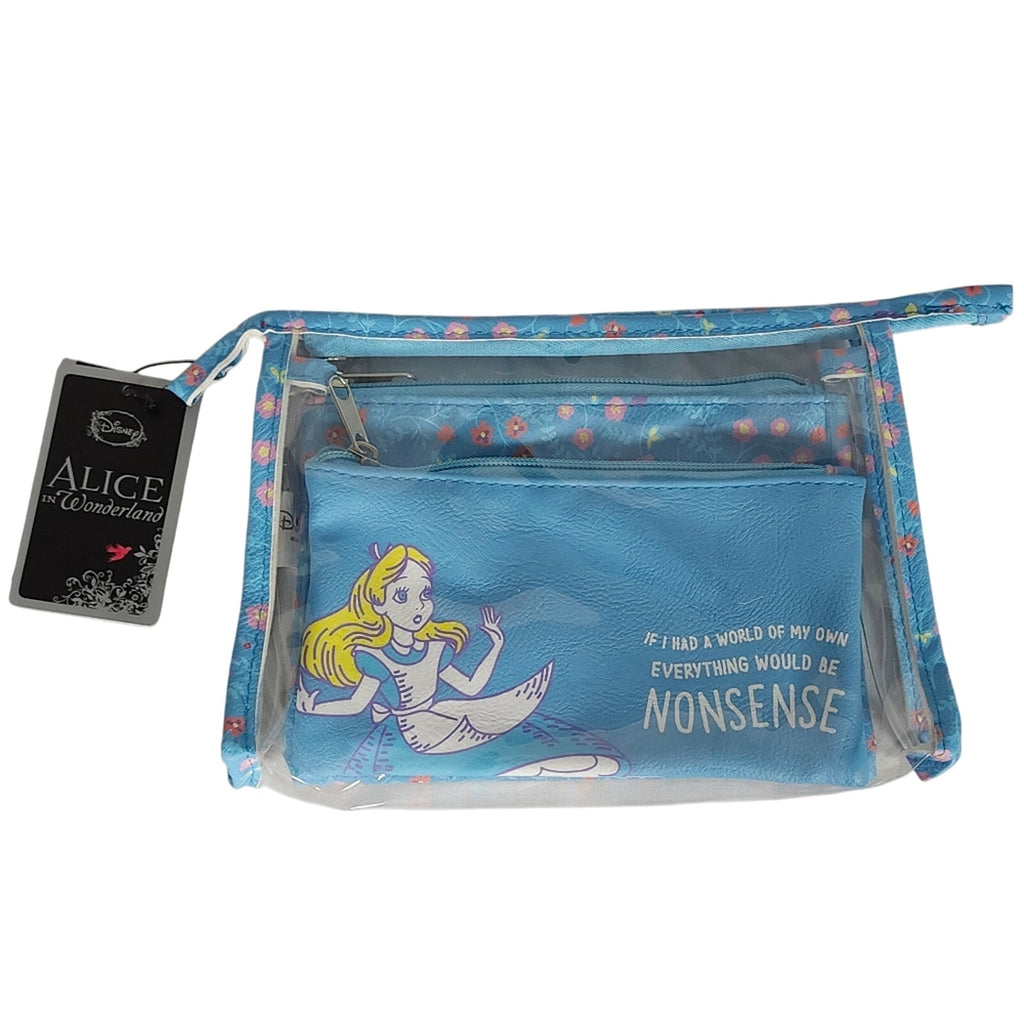 NWT Loungefly Disney Heart Logo Alice in Wonderland 3‑Pc Makeup Bag Set
