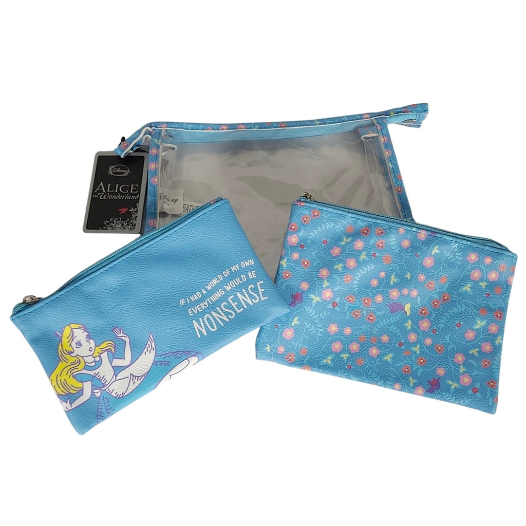 NWT Loungefly Disney Heart Logo Alice in Wonderland 3‑Pc Makeup Bag Set